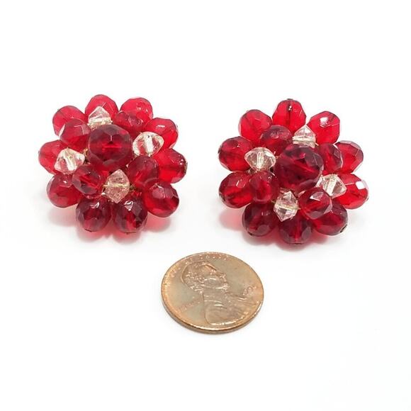 Vintage Western Germany Red Beaded Clip Earrings, 1950s, 1 1/8 Inches - Picture 4 of 10